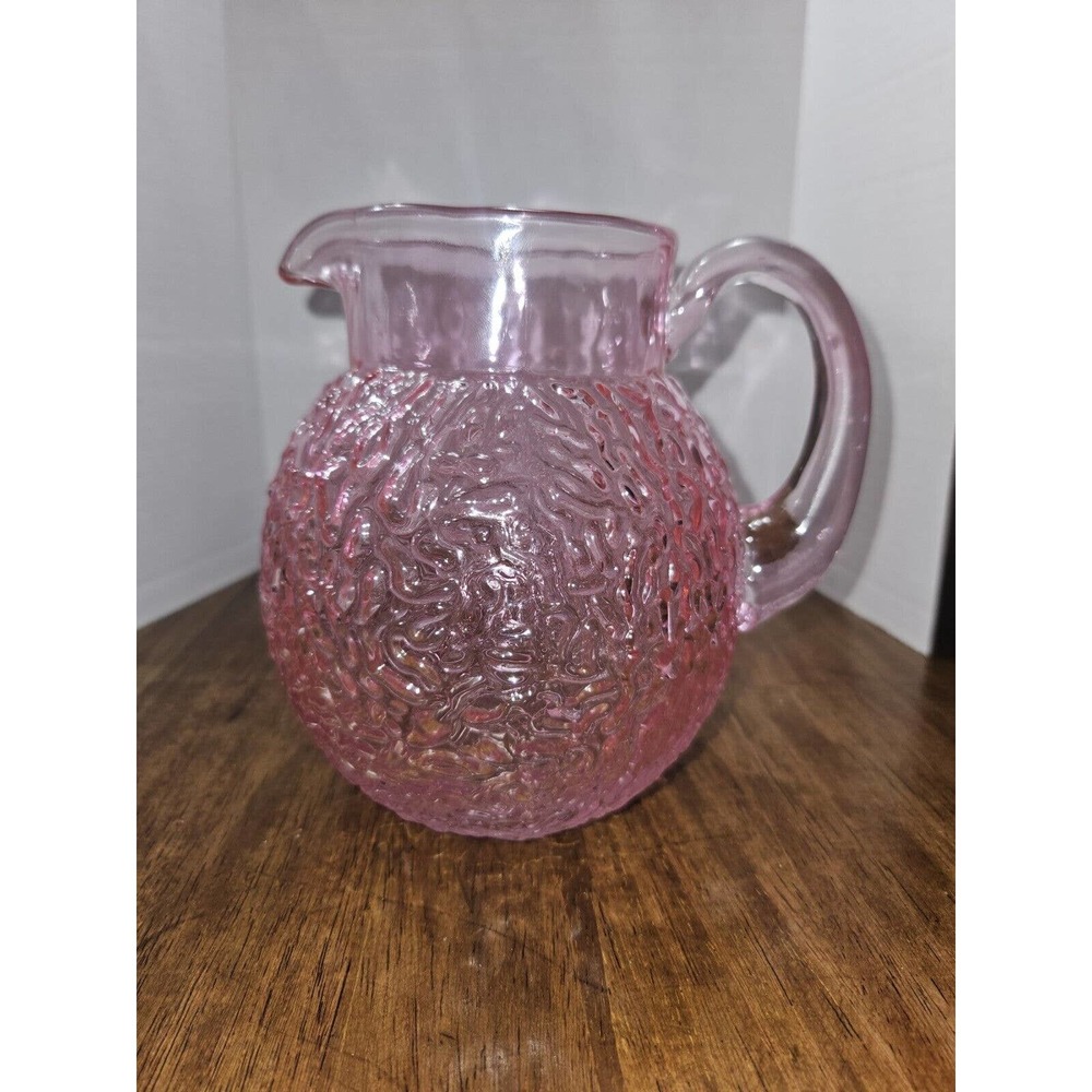 Vintage Teleflora “Pour on Pink”Glass Pitcher Vase Textured Swirl Rippled Raised